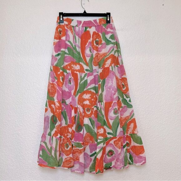 Banjanan Agatha Floral Tiered Midi Skirt in Orange/Green/Pink/White size Medium - Picture 2 of 16
